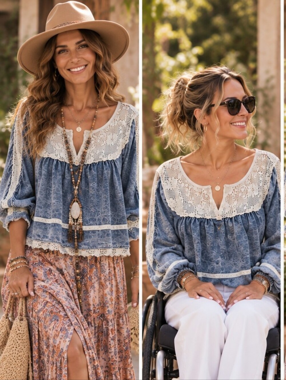 POL Blue Floral Lace-Trim Peasant Tunic